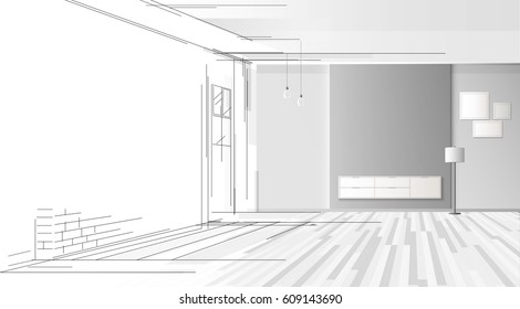 Room interior design. Living gray room with furniture. Cozy interior with shelf white. sketch style vector illustration.