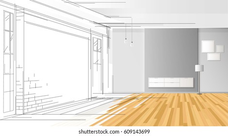 Room interior design. Living gray room with furniture. Cozy interior with shelf white. sketch style vector illustration.