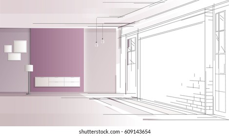 Room interior design. Living pink room with furniture. Cozy interior with shelf white. sketch style vector illustration.