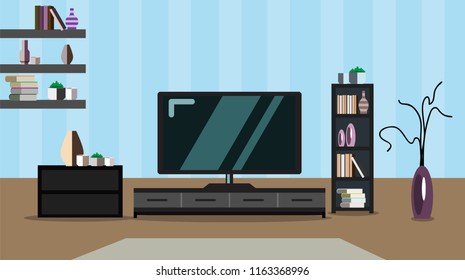 Room interior design modern apartments living room with furniture and a plasma TV. Vector illustration.