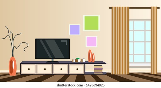 Room interior design modern apartments living room with window, paintings, furniture and a plasma TV. Vector illustration.