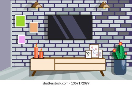 Room interior design modern  living room with furniture and a plasma TV. Interior design of loft style. Vector illustration