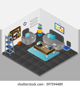Room interior design with table sofa and armchair isometric vector illustration 