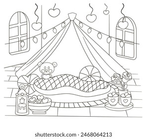 Room interior design for valentine's day coloring page for kids and adults, romantic preparation for the celebration, love themed book