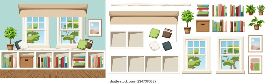 Room interior design with a window seat and a bookshelf under the windows. Cozy home interior design. Furniture set. Interior constructor. Cartoon vector illustration