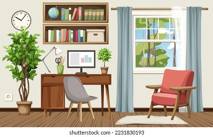 Room interior with a desk, an armchair, bookshelves, a window, and a big ficus tree. Retro interior design. Cartoon vector illustration