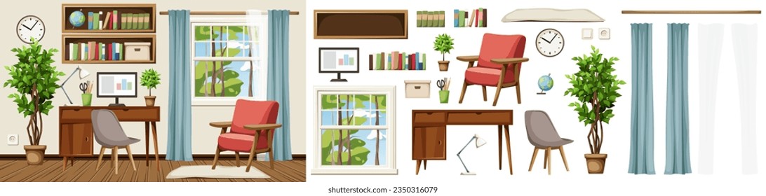 Room interior with a desk, an armchair, bookshelves, a window, and a big ficus tree. Retro interior design. Furniture set. Interior constructor. Cartoon vector illustration