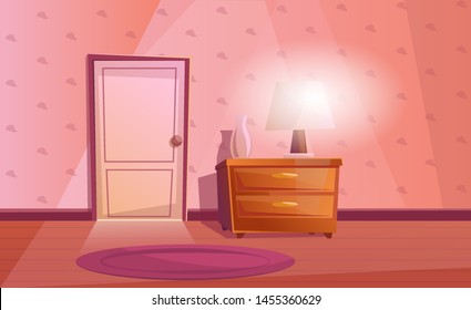 Room interior with door, nightstand with the lamp and vase. Purple carpet on the floor. Textured Wallpaper. Cartoon room in pink color