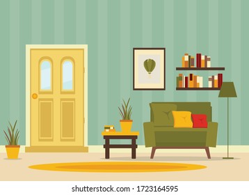 room interior with doors and furniture, flat vector illustration