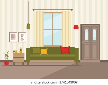 room interior with doors and furniture, flat vector illustration