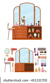 Room interior with dressing table. Woman cosmetics objects in flat style vector illustration. Furniture for female boudoir. Design elements and icons isolated on white background.