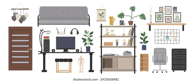 Room interior elements constructor mega set in flat graphic design. Creator kit with sofa, door, office desk with computer and armchair, shelf with decor and books, houseplants. Vector illustration.