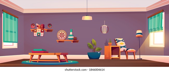 Room interior, empty apartment with armchair, towels on coffee table with floor lamp and potted plant, books and vase on shelf. Simple style home with curtained windows, Cartoon vector illustration