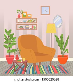Room interior, empty home with carpet and armchair, houseplant growing in pots. Coffee table with vase and flower, shelves with books and candles. Vector illustration in flat cartoon style