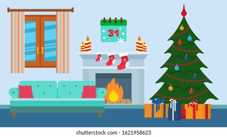 Room interior festively decorated for Christmas Xmas New Year holiday celebration vector illustration. Living room with fireplace, christmas tree, sofa. Gifts stocking candle, calendar.