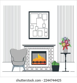 A Room interior with fireplace and basket of firewood. Wicker basket with firewood near fire chimney. Wood stove fireplace with metal body and glass door in comfort house with cozy interior in room