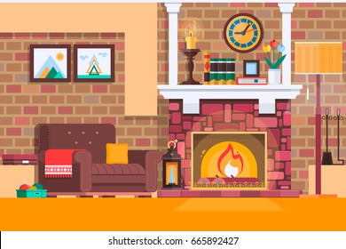 Room interior fireplace design with chair books, table, clock in evening tea time, fireplace. Flat vector illustration