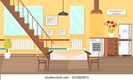 Room Interior Flat Design Vector Illustration. Modern Kitchen, Dining Room Clipart. Pictures, Radiator, Stairway, Window, Tablecloth, Stove, Fridge, Table, Chair, Flower. Designing Company Banner Idea