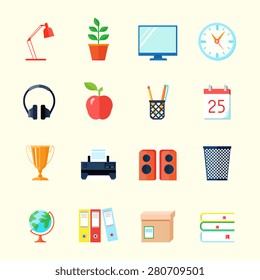 Room interior flat icons set with computer monitor award cup calendar isolated vector illustration
