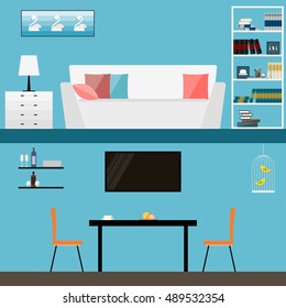 Room interior. Flat style interior for use in design for for card, invitation, poster, banner, placard, album or billboard cover.