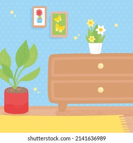 Room interior with flower pots vector cartoon hand drawn illustration