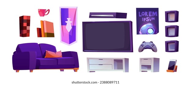 Mobiliario interior de habitación y equipamiento para juegos y arroyos. Ilustración vectorial de dibujos animados conjunto de elementos para la configuración del reproductor de deportes - tv con consola y joystick, sofá y armario, afiches de pared.