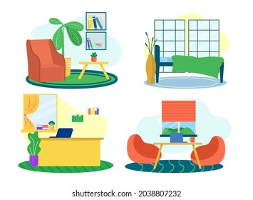 Room interior with furniture, isolated on white set, vector illustration, chair, coffee table design at home, living room apartment with bagchair.