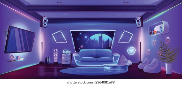 Room interior with game and stream furniture and equipment. Cartoon studio setup for playing online and streaming. Apartment with neon glowing elements and tv on walls, sofa and beanbag, gamepad.