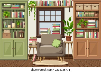 Room interior with green and brown bookcases, an armchair, and plenty of books and houseplants. Cozy old-fashioned classic interior design. Cartoon vector illustrations