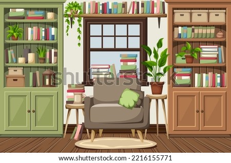 Room interior with green and brown bookcases, an armchair, and plenty of books and houseplants. Cozy old-fashioned classic interior design. Cartoon vector illustrations