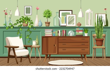 Room interior with green wall panels, an armchair, a dresser, and plenty of houseplants, vases, and pictures. Vintage interior design. Cartoon vector illustration