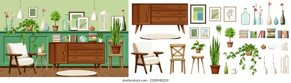 Room interior with green wall panels, an armchair, a dresser, and plenty of houseplants, vases, and pictures. Vintage interior design. Furniture set. Interior constructor. Cartoon vector illustration