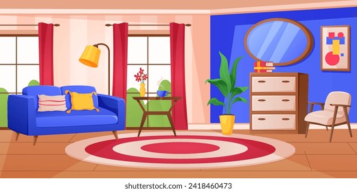 Room interior. Home furniture. Cozy sofa and armchair. House windows with curtains. Modern apartment decor. Wooden dresser. TV lounge. Picture at wall. Light lamp. Plants in pots. Vector flat design