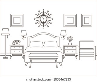 Room Interior. Hotel Bedroom With Bed. Vector. Linear Illustration. Retro House In Flat Design. Vintage Apartment. Black White Sketch. Coloring Page. Outline Contour Background. Home Space In Line Art