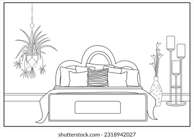 Room interior. House bedroom with bed. Vector. Linear illustration. Retro house in flat design. Vintage apartment. Coloring page. Outline background. Home space in line art