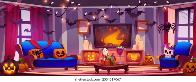 Room interior in house for Halloween party vector. Magic indoor castle decoration with scary candy on table, pumpkin, potion, spider and bat. Cozy holiday furniture and autumn decor for celebration