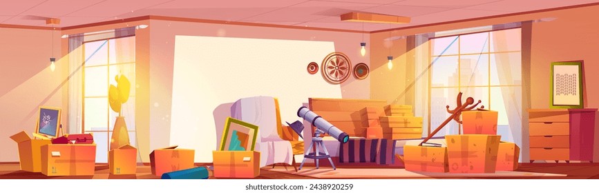 Room interior with house stuff packed in cardboard boxes for relocation concept. Cartoon vector illustration of light dwelling with belongings in carton packaging in new home or ready for moving.