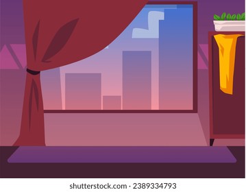 Room interior with huge window flat style, vector illustration. Landscape with silhouettes of high-rise buildings, red curtain, wardrobe with clothes on door