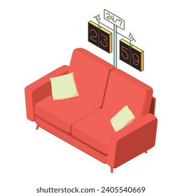 Room interior icon isometric vector. Soft red sofa and large decorative clock. Interior element, room design
