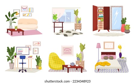 Room interior isolated on white set, vector illustration. Cartoon home furniture, chair, table and lamp, indoor collection. Living room, bedroom