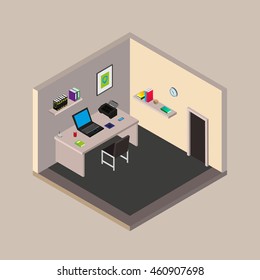 Room interior isometric with computer. Teenage room. Workplace
