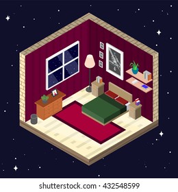 Room interior in isometric style. Bedroom with furniture vector illustration. 