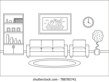 Room Interior. Living Room In Line Art Flat Design. Linear Vector Illustration. Outline House Equipment. Home Space With Sofa, Armchair And Cupboard. Cartoon Furniture.