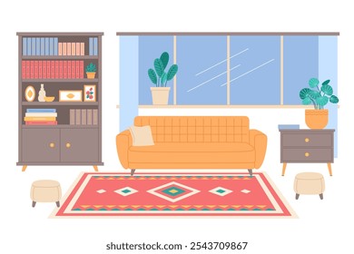 Interior da sala com esteira. Tapete de lã no chão do salão, design caseiro acolhedor, elemento decorativo têxtil, tapete de tecido estampado. Moderna decoração de apartamentos, desenho animado plana ilustração isolada, conceito vetorial