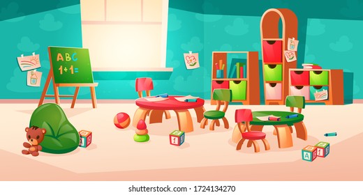 Room Interior In Montessori Kindergarten With Books On Shelf, Chalkboard, Desk With Chairs. Vector Cartoon Illustration Of Classroom With Furniture, Kids Paintings, Pencils And Toys