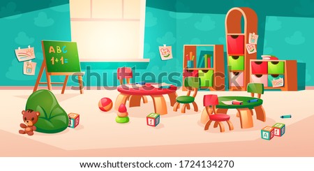 Room interior in montessori kindergarten with books on shelf, chalkboard, desk with chairs. Vector cartoon illustration of classroom with furniture, kids paintings, pencils and toys