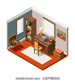 Room with interior objects from flea market isometric composition on white background 3d vector illustration