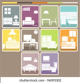 Room interior and objects set. Vector illustration.