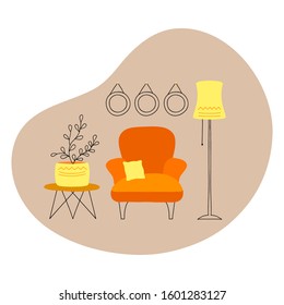 Room interior on abstract fluid form background. Vector living room with furniture in a modern style. Template with place for text. Vintage home.