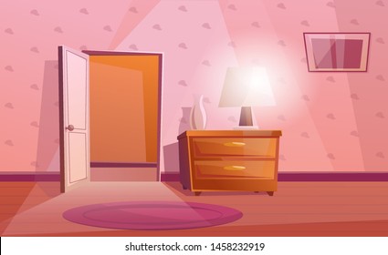 Room interior with open door, nightstand with the lamp and vase. Purple carpet on the floor. Textured Wallpaper with pictures on the wall. Cartoon room in pink color